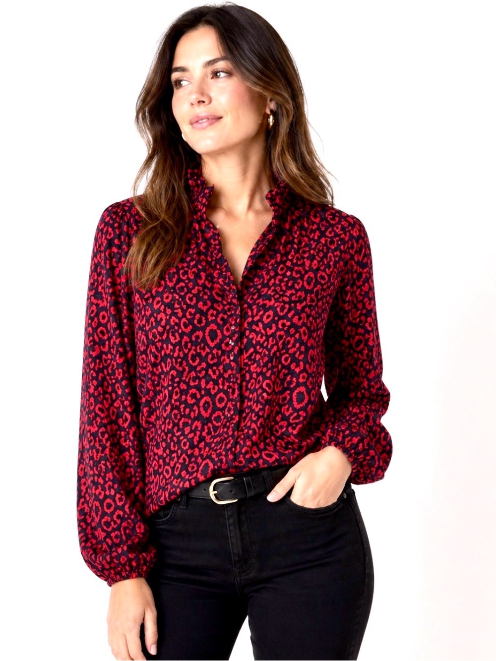 Elizabeth McKay Red and Black Silk Leopard Print Blouse, Size 8